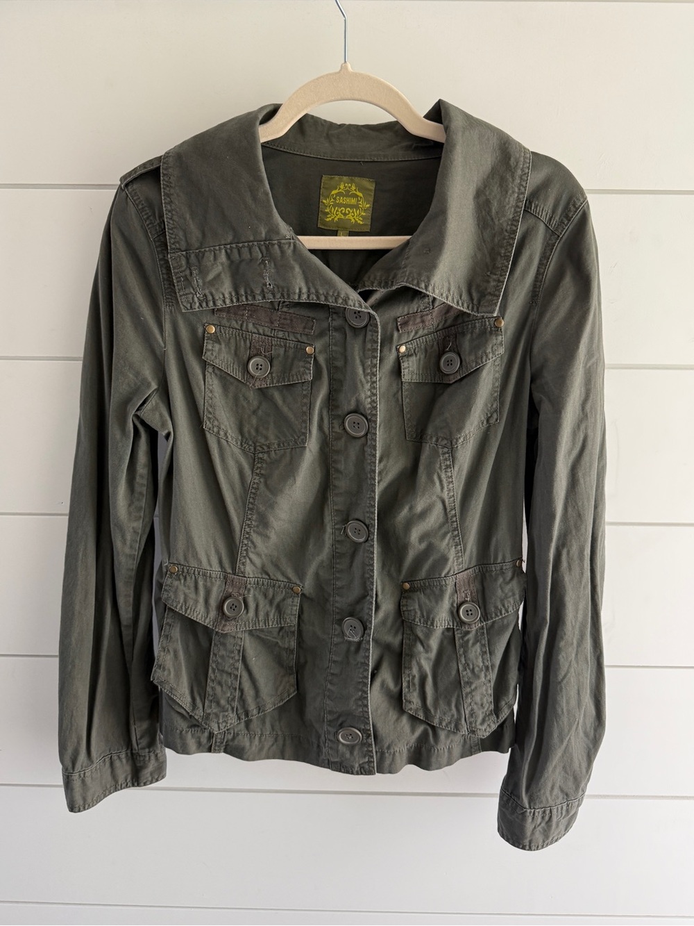 Sashimi Y2K Utility Button-Front Jacket in Olive Green